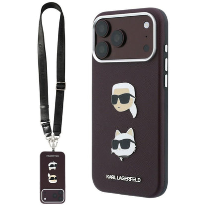 Etui til Apple iPhone 18 Pro Max / 17 Pro Max, Karl Lagerfeld, Saffiano Crossbody Karl & Choupette Head's Pins Logo, bordeauxfarvet