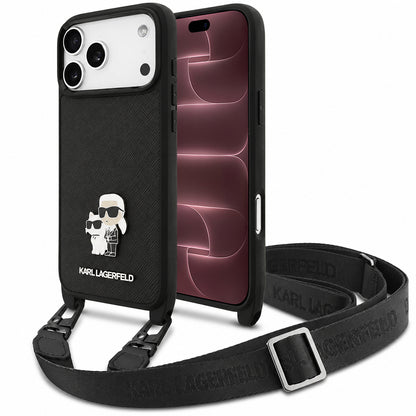 Etui til Apple iPhone 18 Pro Max / 17 Pro Max, Karl Lagerfeld, Saffiano Crossbody Metal Pin Karl & Choupette, sort