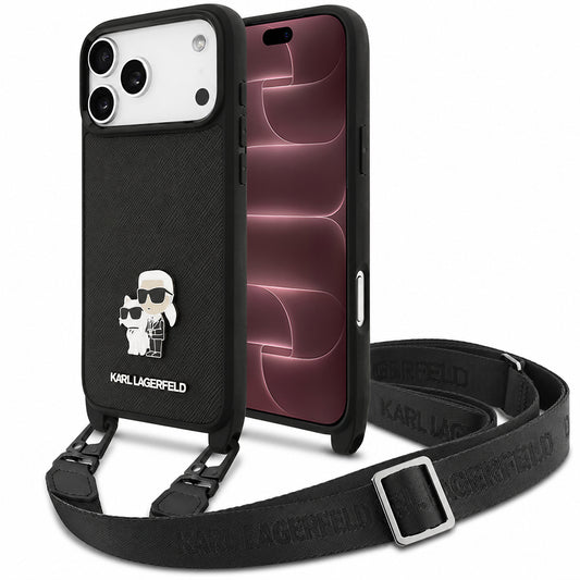 Etui til Apple iPhone 18 Pro Max / 17 Pro Max, Karl Lagerfeld, Saffiano Crossbody Metal Pin Karl & Choupette, sort