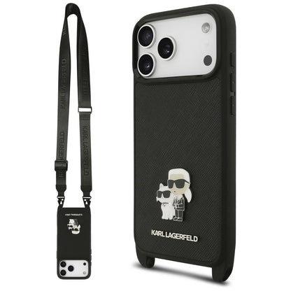 Etui til Apple iPhone 18 Pro Max / 17 Pro Max, Karl Lagerfeld, Saffiano Crossbody Metal Pin Karl & Choupette, sort