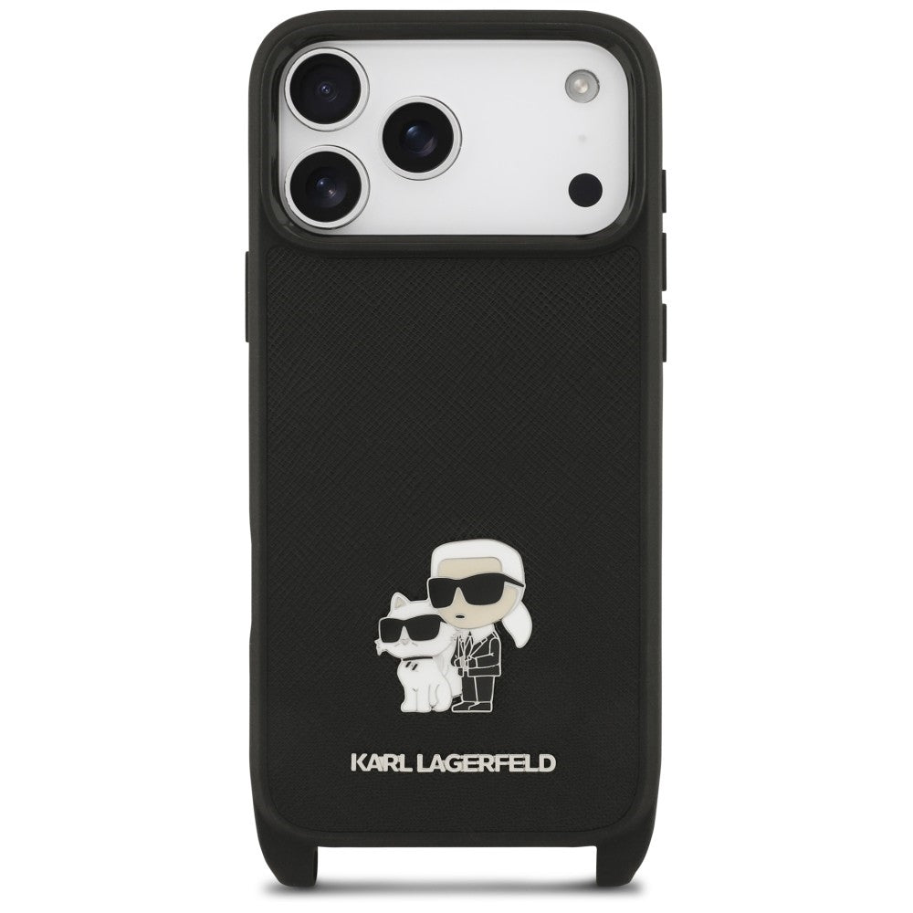 Etui til Apple iPhone 18 Pro Max / 17 Pro Max, Karl Lagerfeld, Saffiano Crossbody Metal Pin Karl & Choupette, sort