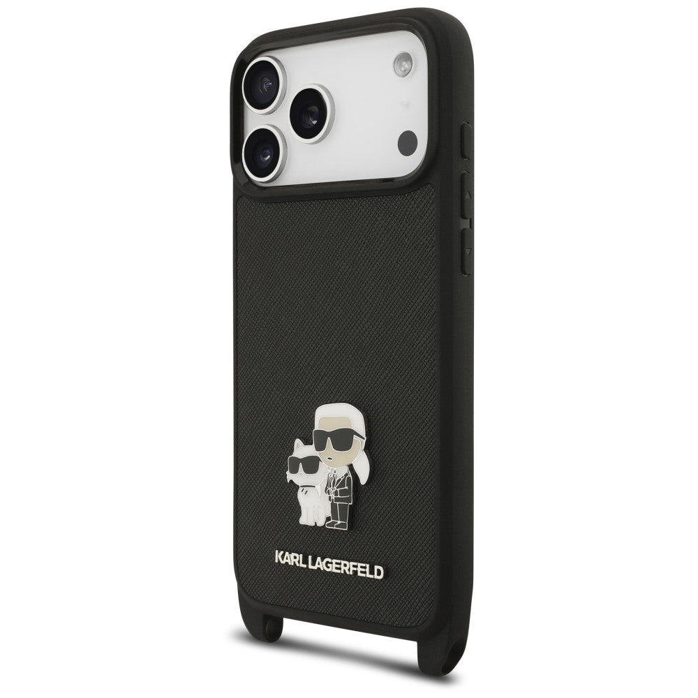 Etui til Apple iPhone 18 Pro Max / 17 Pro Max, Karl Lagerfeld, Saffiano Crossbody Metal Pin Karl & Choupette, sort