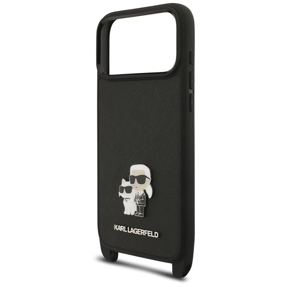 Etui til Apple iPhone 18 Pro Max / 17 Pro Max, Karl Lagerfeld, Saffiano Crossbody Metal Pin Karl & Choupette, sort