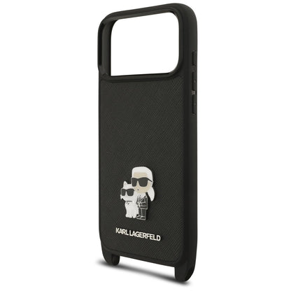 Etui til Apple iPhone 18 Pro Max / 17 Pro Max, Karl Lagerfeld, Saffiano Crossbody Metal Pin Karl & Choupette, sort