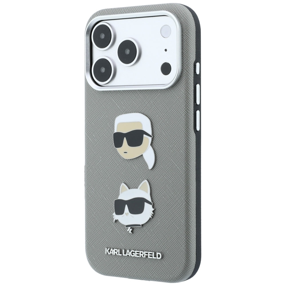 Etui til Apple iPhone 18 Pro Max / 17 Pro Max, Karl Lagerfeld, Saffiano med Karl & Choupette-hovednål og logo, grå