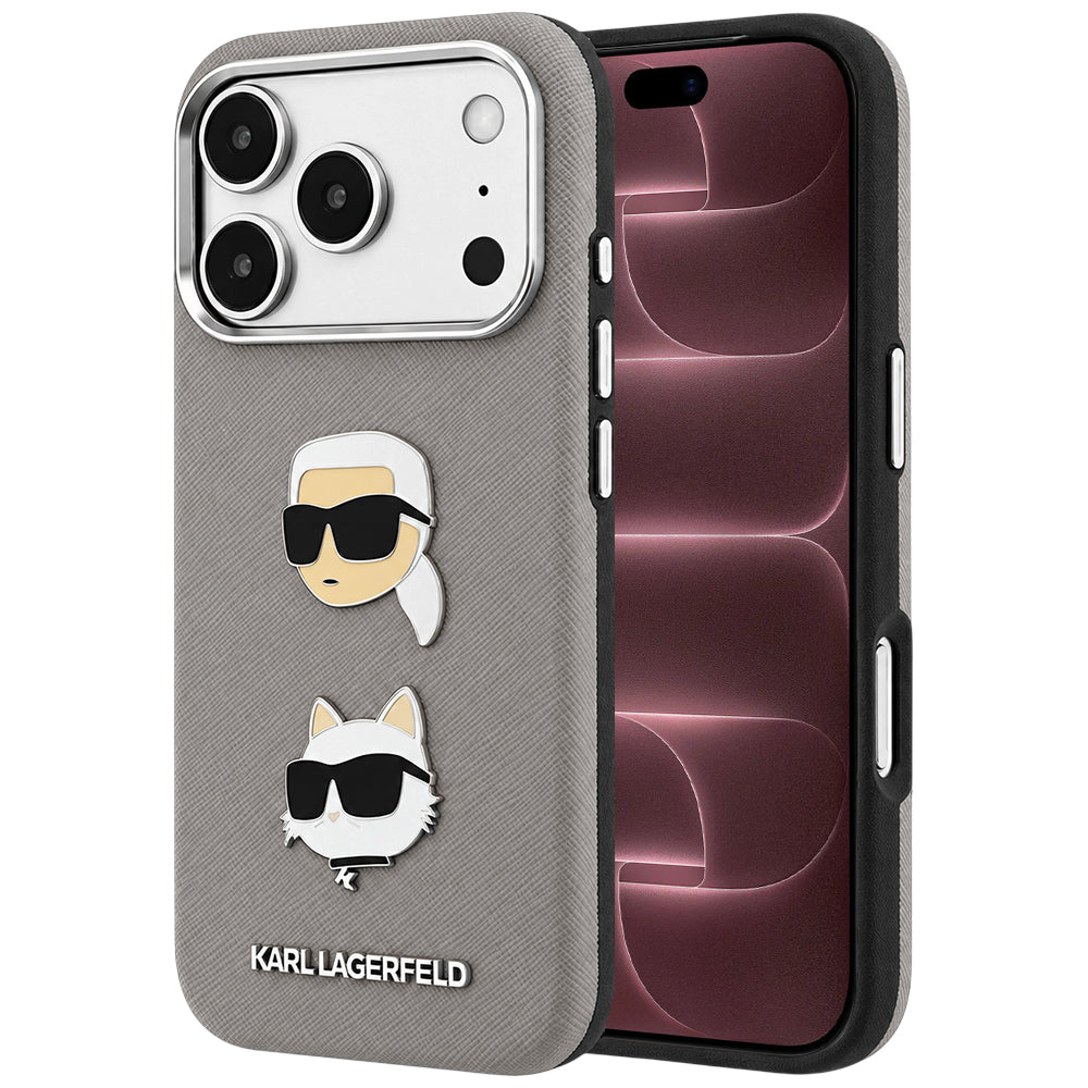 Etui til Apple iPhone 18 Pro Max / 17 Pro Max, Karl Lagerfeld, Saffiano med Karl & Choupette-hovednål og logo, grå