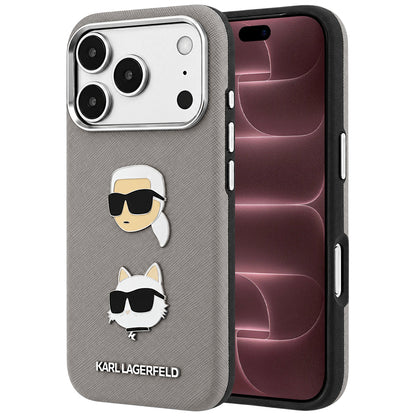 Etui til Apple iPhone 18 Pro Max / 17 Pro Max, Karl Lagerfeld, Saffiano med Karl & Choupette-hovednål og logo, grå