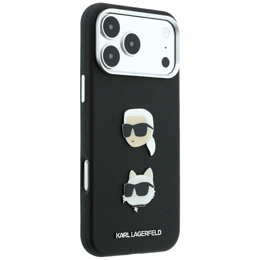 Cover til Apple iPhone 18 Pro Max / 17 Pro Max, Karl Lagerfeld, Saffiano med Karl & Choupette Hoved-pin og Logo, Sort