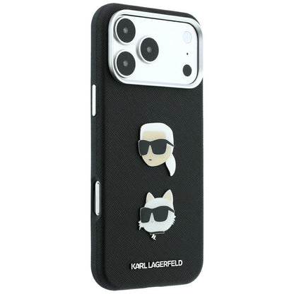 Cover til Apple iPhone 18 Pro Max / 17 Pro Max, Karl Lagerfeld, Saffiano med Karl & Choupette Hoved-pin og Logo, Sort