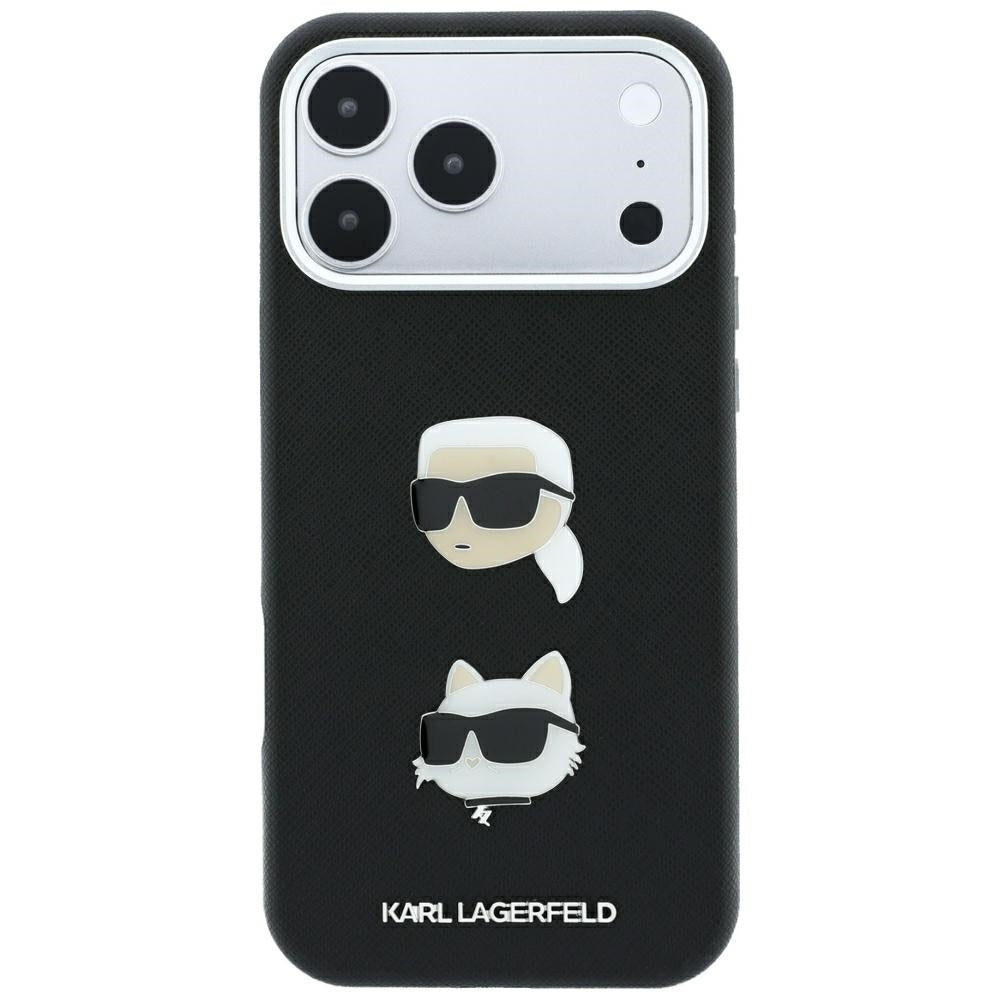 Cover til Apple iPhone 18 Pro Max / 17 Pro Max, Karl Lagerfeld, Saffiano med Karl & Choupette Hoved-pin og Logo, Sort