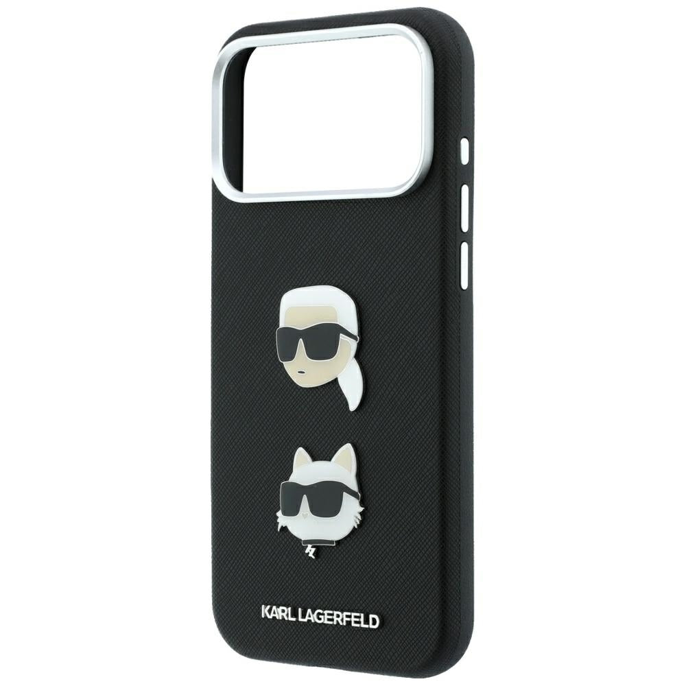 Cover til Apple iPhone 18 Pro Max / 17 Pro Max, Karl Lagerfeld, Saffiano med Karl & Choupette Hoved-pin og Logo, Sort