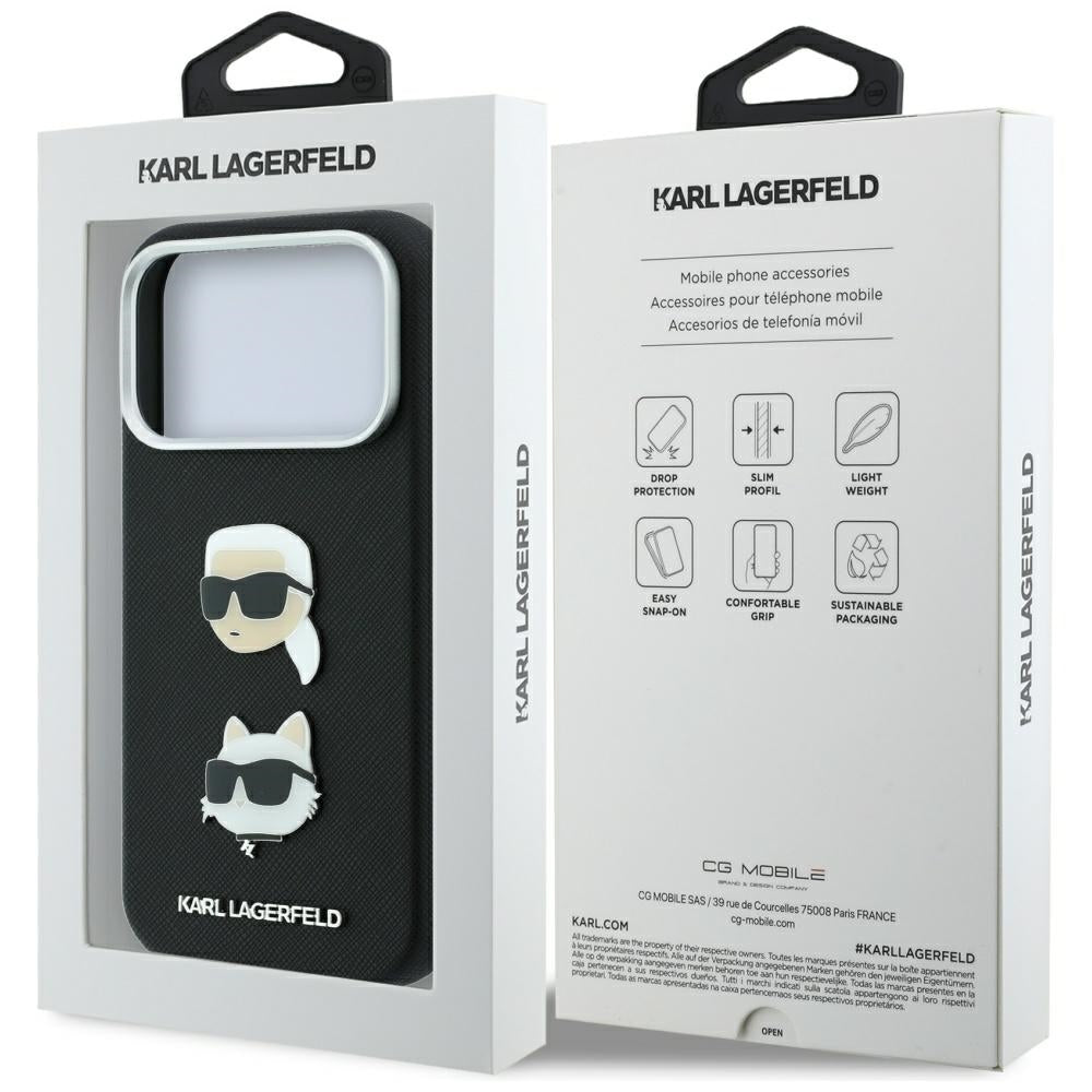 Cover til Apple iPhone 18 Pro Max / 17 Pro Max, Karl Lagerfeld, Saffiano med Karl & Choupette Hoved-pin og Logo, Sort
