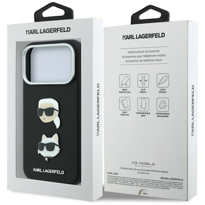 Cover til Apple iPhone 18 Pro Max / 17 Pro Max, Karl Lagerfeld, Saffiano med Karl & Choupette Hoved-pin og Logo, Sort