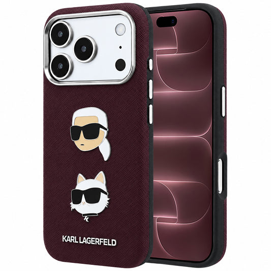 Cover til Apple iPhone 18 Pro Max / 17 Pro Max, Karl Lagerfeld, Saffiano med Karl & Choupette Hoved-pin og Logo, Vinrød