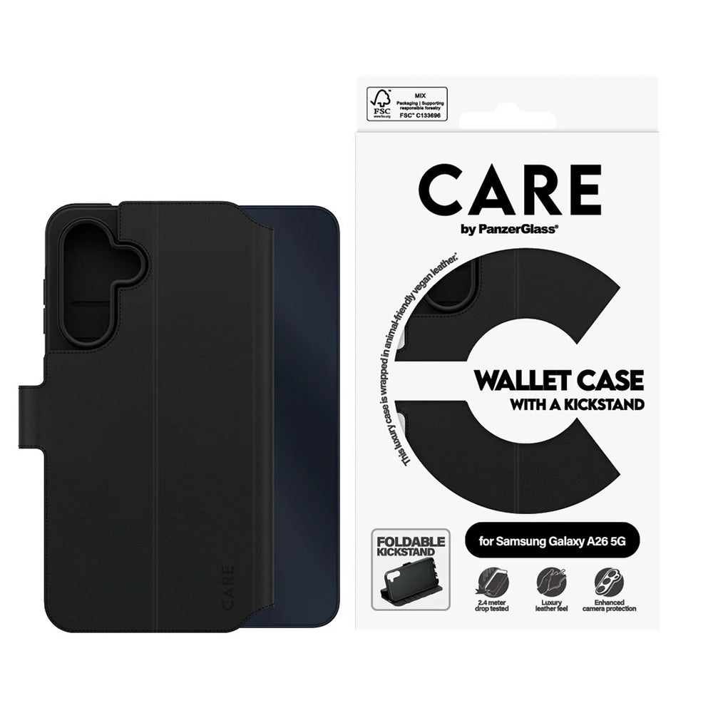 Etui til Samsung Galaxy A26 A266, PanzerGlass, med funktionel kickstand og pung, sort