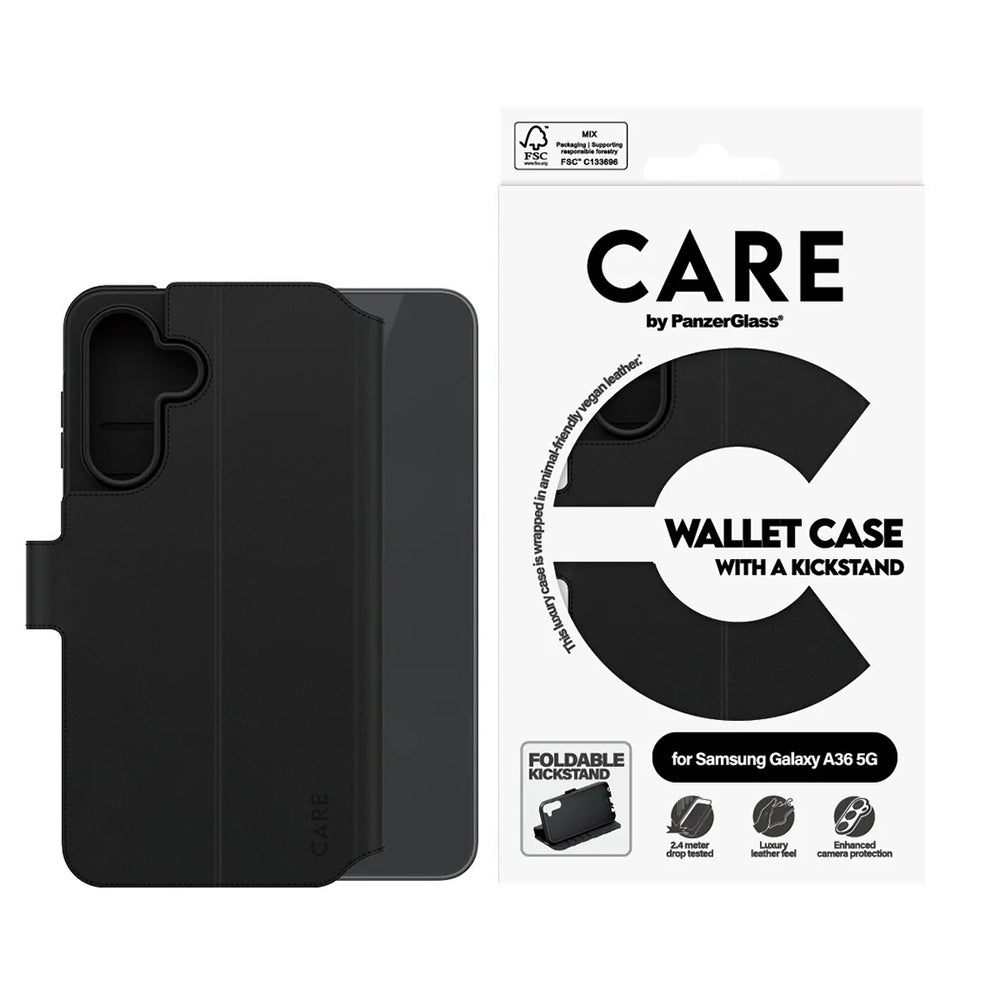Etui til Samsung Galaxy A36 A366, PanzerGlass, Care Feature Kickstand Wallet, Sort