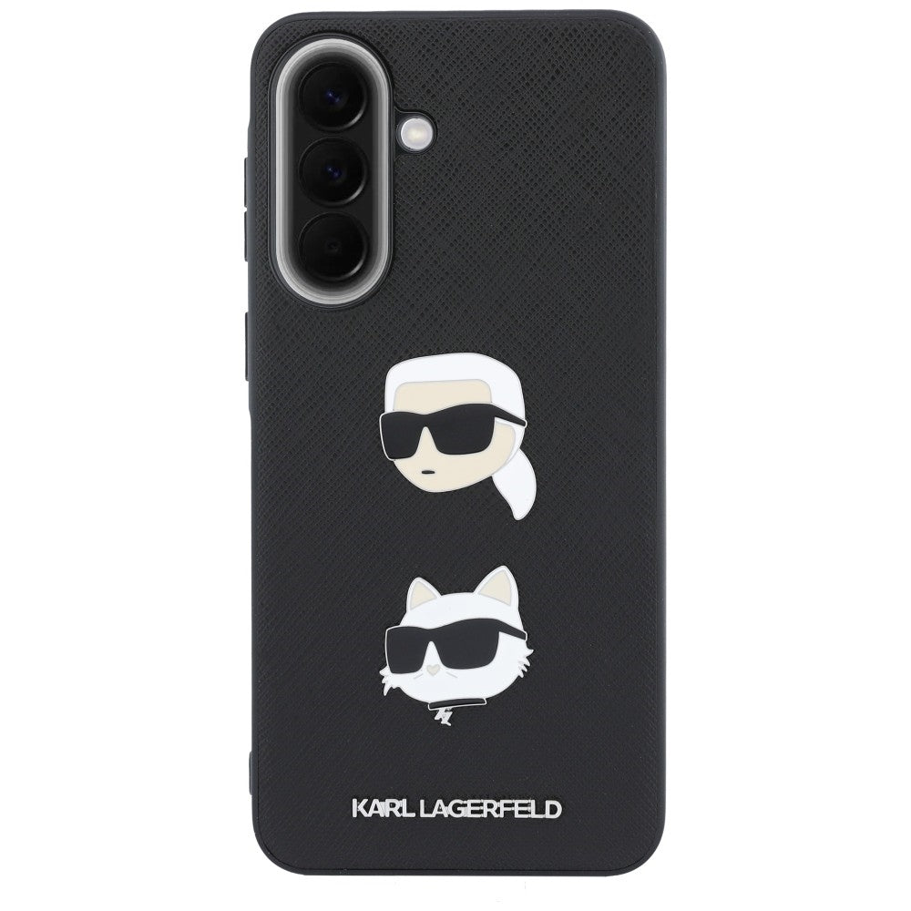 Cover til Samsung Galaxy A37 5G, Karl Lagerfeld, Grained Karl & Choupette's Heads Pins og Logo, Sort