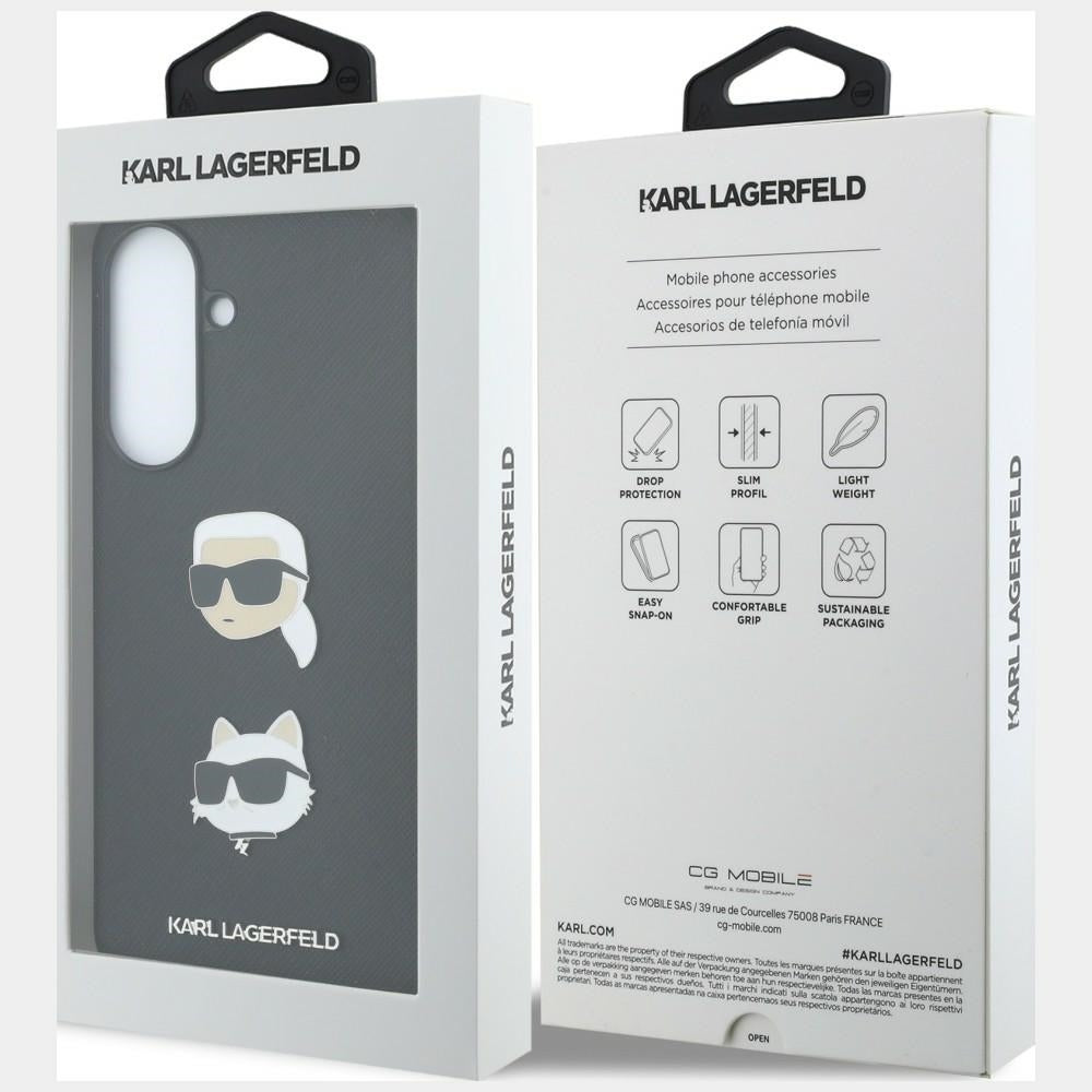 Cover til Samsung Galaxy A37 5G, Karl Lagerfeld, Grained Karl & Choupette's Heads Pins og Logo, Sort