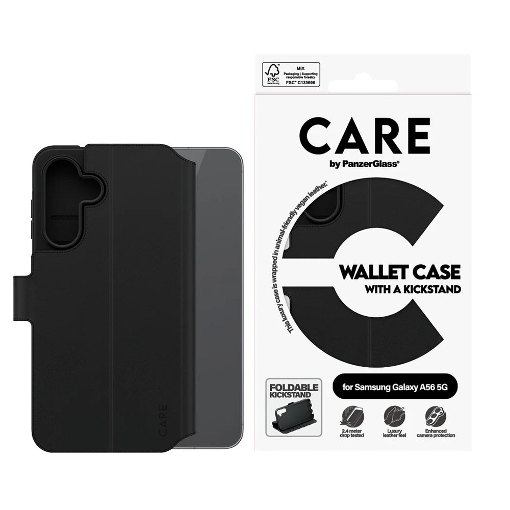 Etui til Samsung Galaxy A56 A566, PanzerGlass, Care Feature Kickstand Wallet, Sort