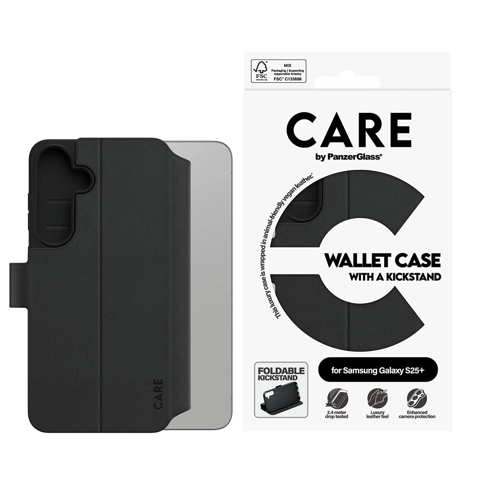 Etui til Samsung Galaxy S25+ S936, PanzerGlass, Care Feature Kickstand Wallet, Sort