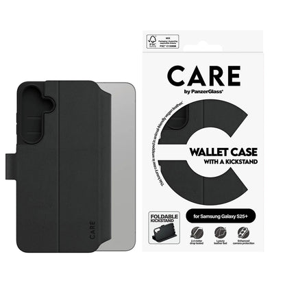 Etui til Samsung Galaxy S25+ S936, PanzerGlass, Care Feature Kickstand Wallet, Sort