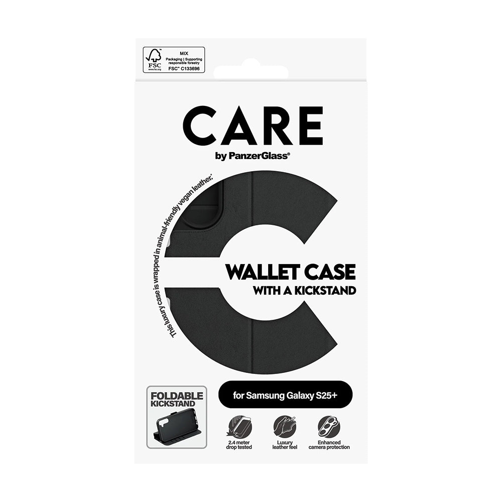 Etui til Samsung Galaxy S25+ S936, PanzerGlass, Care Feature Kickstand Wallet, Sort