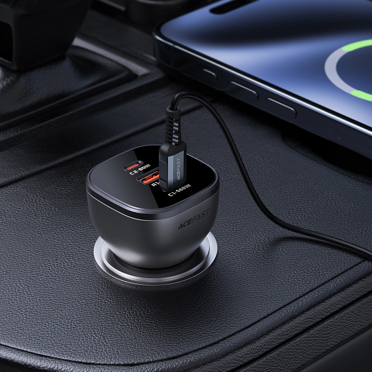 Acefast B14 Biloplader, 165W, 5A, 1 x USB-A - 2 x USB-C, Sort
