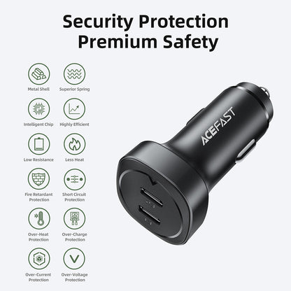 Biloplader Acefast B2, 72W, 3A, 2 x USB-C, Sort