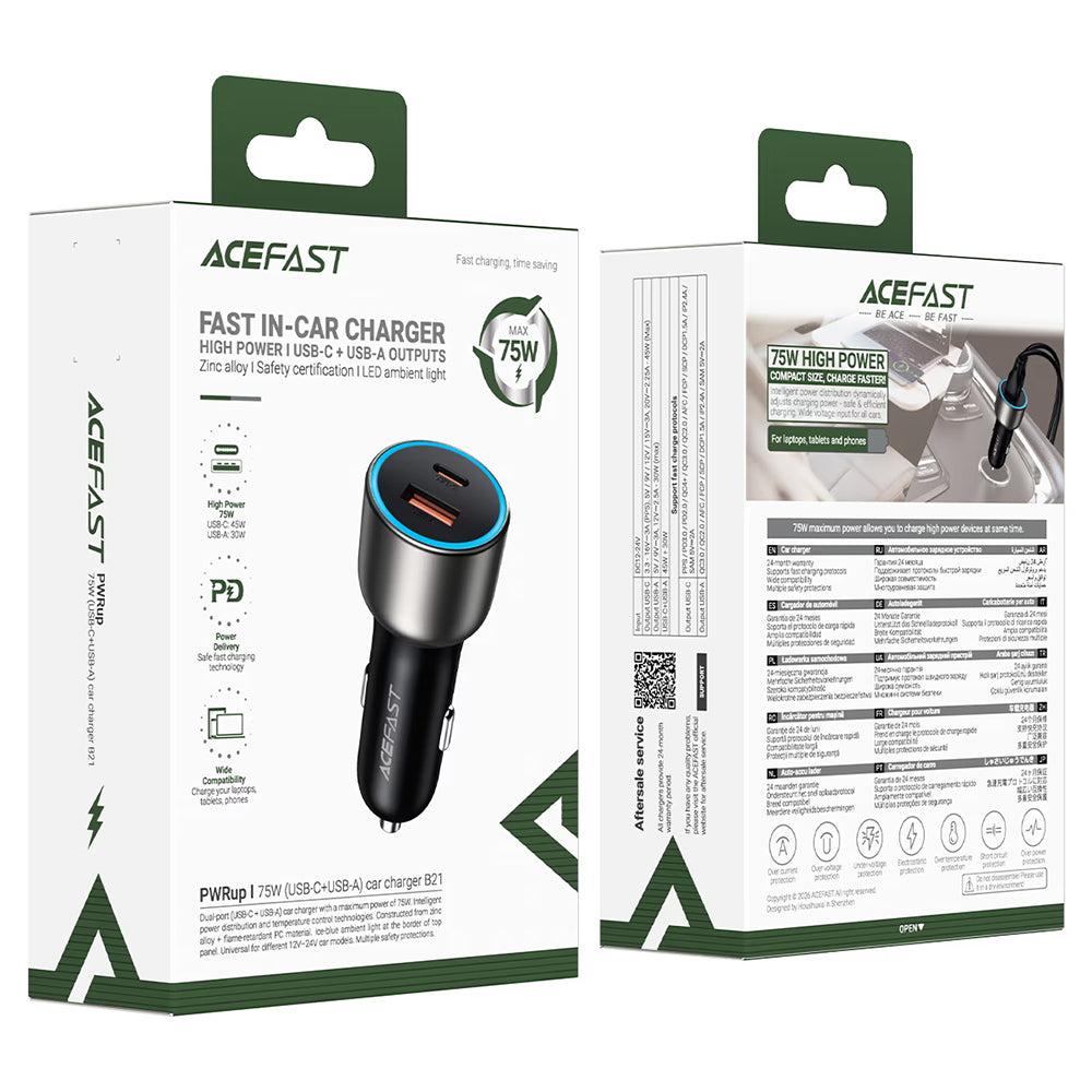 Acefast B21 Biloplader, 75W, 3A, 1 x USB-A - 1 x USB-C, Grå