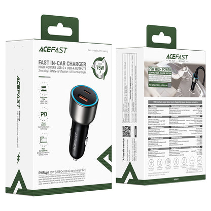 Acefast B21 Biloplader, 75W, 3A, 1 x USB-A - 1 x USB-C, Grå