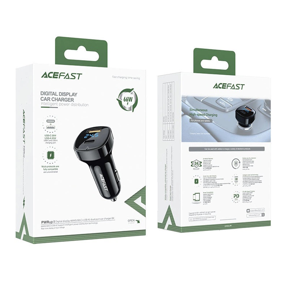 Biloplader Acefast B4, 66W, 3A, 1 x USB-A - 1 x USB-C, Sort