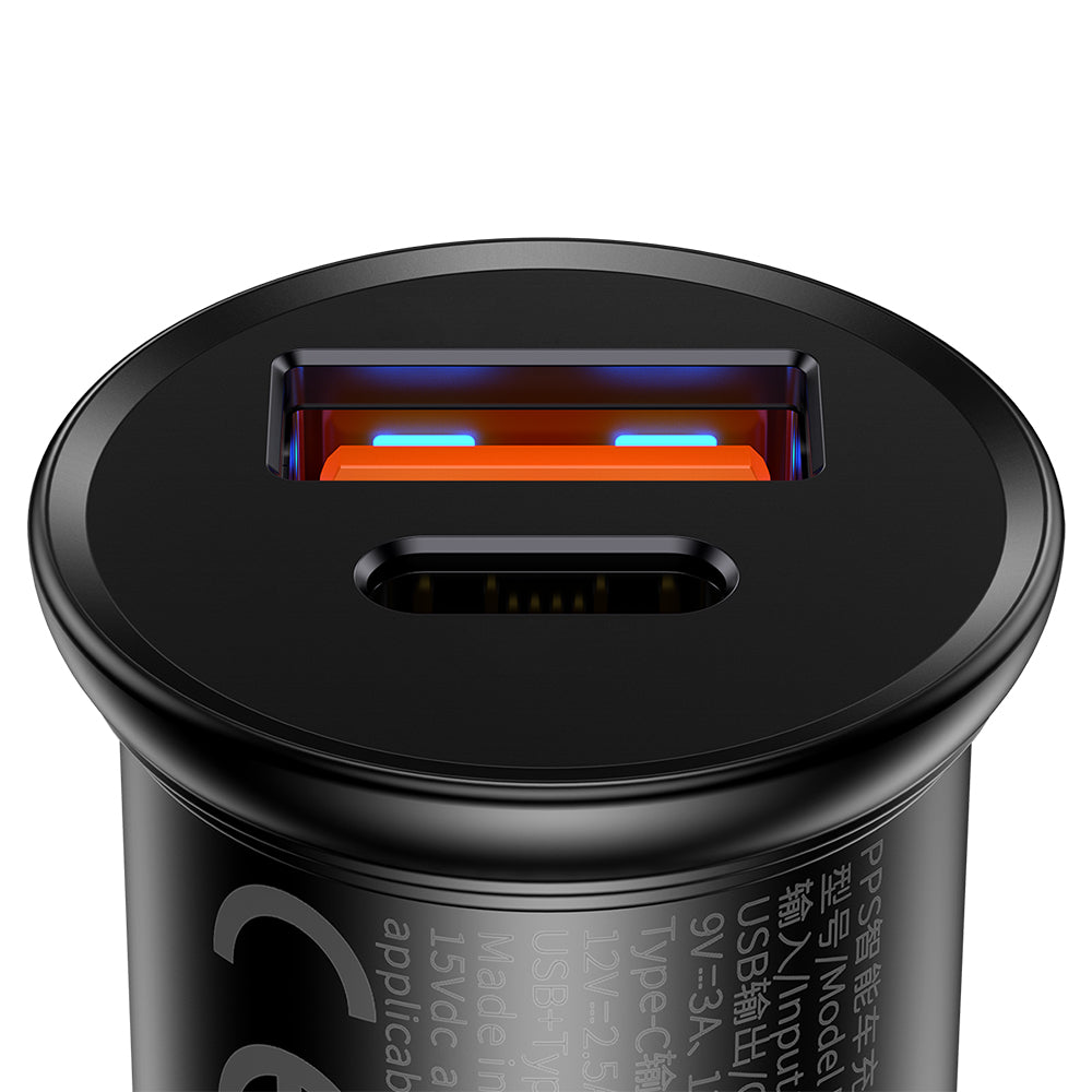 Baseus Circular Metal Car Charger, 30W, 5A, 1 x USB-A - 1 x USB-C, Black