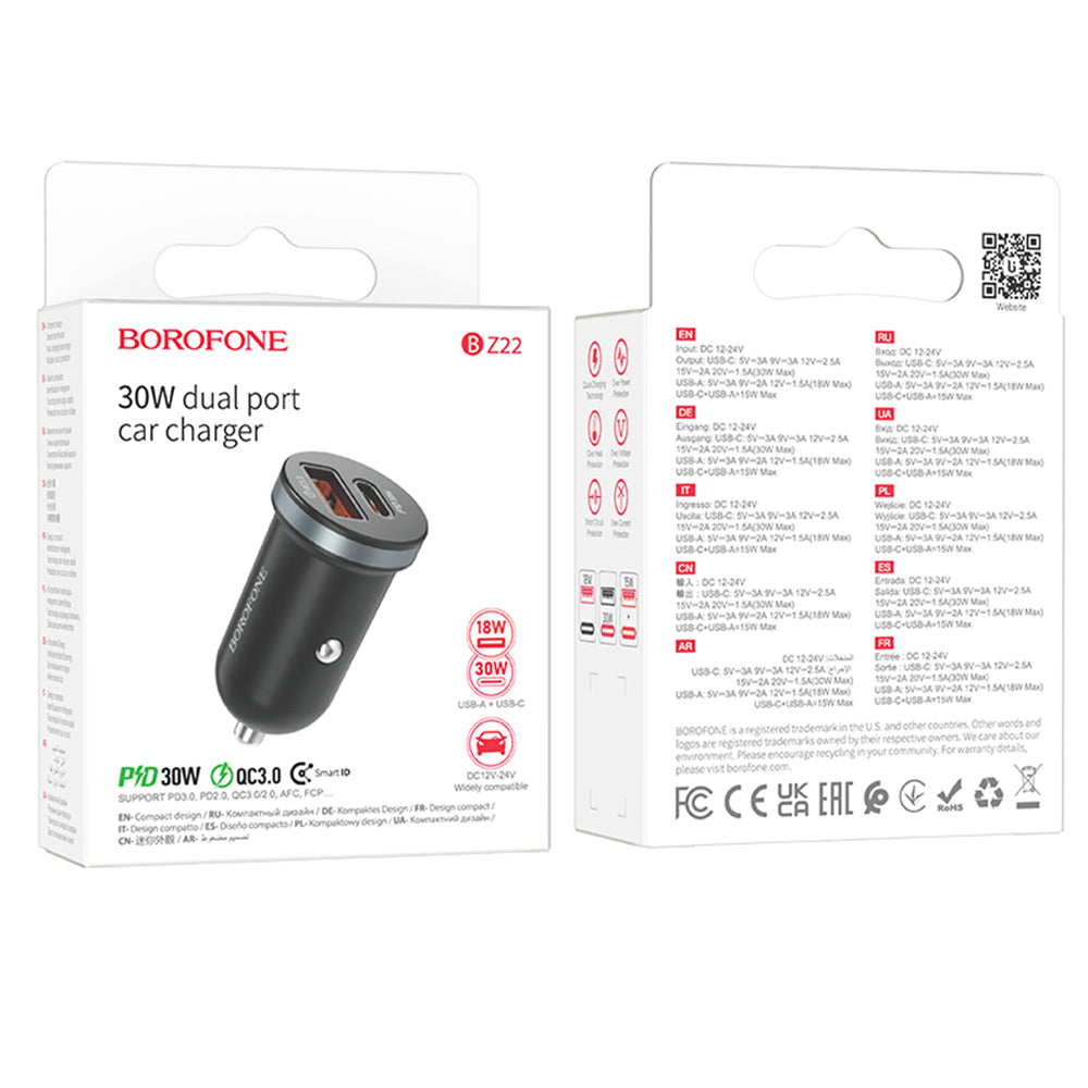 Biloplader Borofone BZ22 Scenery, 30W, 3A, 1 x USB-A - 1 x USB-C, sort 