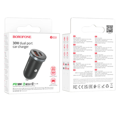 Biloplader Borofone BZ22 Scenery, 30W, 3A, 1 x USB-A - 1 x USB-C, sort 