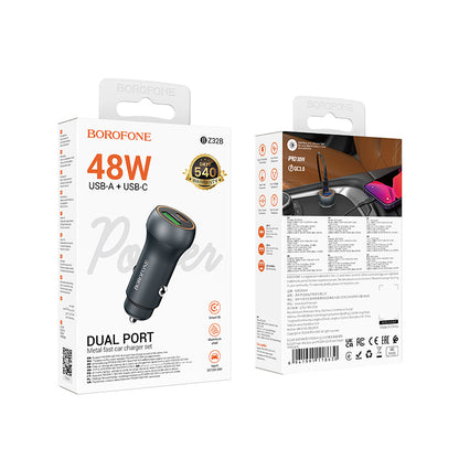 Borofone BZ32B Fresh Car Charger, 48W, 3A, 1 x USB-A - 1 x USB-C, Grey