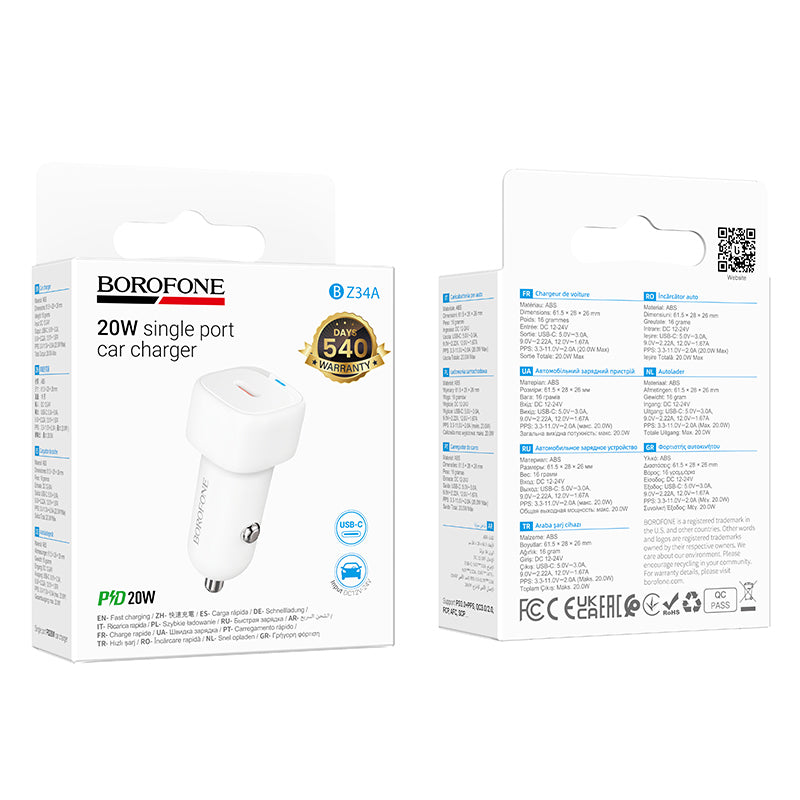 Biloplader Borofone BZ34A Cloud, 20W, 3A, 1 x USB-C, Hvid