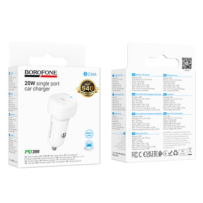 Biloplader Borofone BZ34A Cloud, 20W, 3A, 1 x USB-C, Hvid