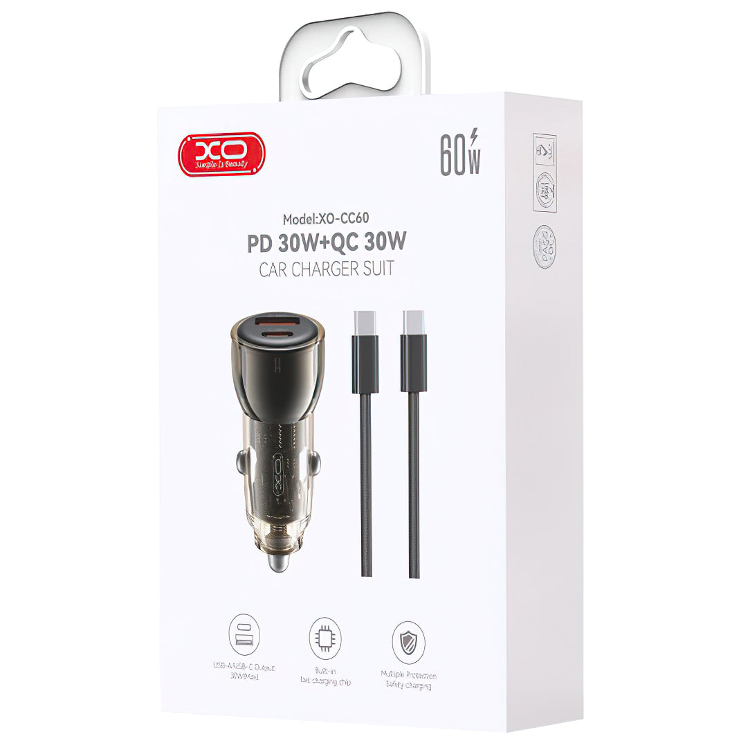 Biloplader med USB-C kabel XO Design CC60, 60W, 3A, 1 x USB-A - 1 x USB-C, Sort