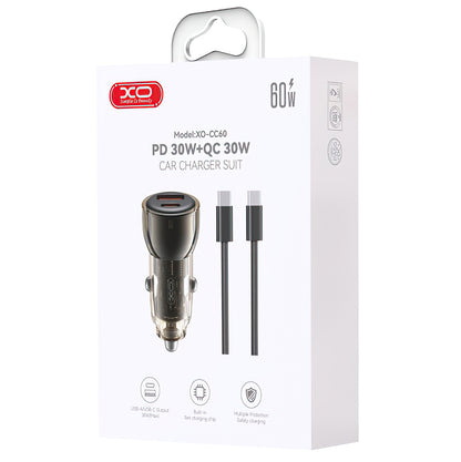 Biloplader med USB-C kabel XO Design CC60, 60W, 3A, 1 x USB-A - 1 x USB-C, Sort