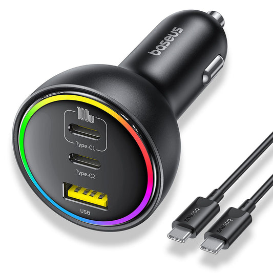 Biloplader med USB-C kabel fra Baseus, 152.5W, 5A, 1 x USB-A - 2 x USB-C, Sort C00036101111-00