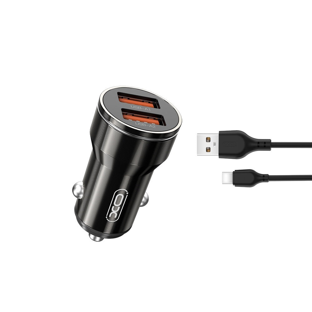 Biloplader med USB-C kabel XO Design CC48, 12W, 2.4A, 2 x USB-A, Grå