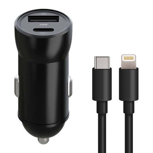 Biloplader med Lightning-kabel MaXlife MXCC-04, 20W, 3A, 1 x USB-A - 1 x USB-C, Sort