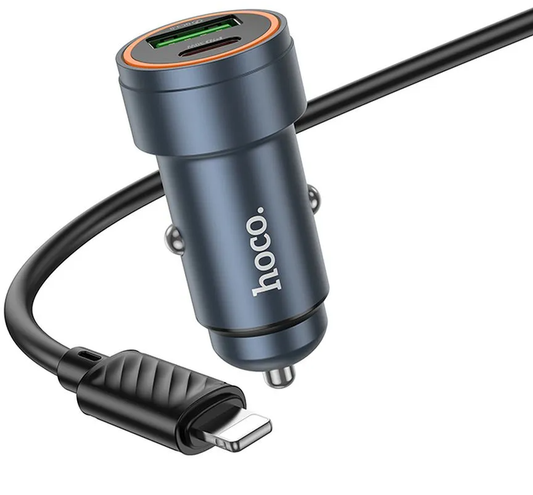 Biloplader med Lightning-kabel HOCO Z57A, 30W, 3A, 1 x USB-A - 1 x USB-C, Grå