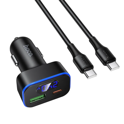Biloplader med USB-C kabel HOCO Z63B Display, 48W, 3A, 1 x USB-A - 1 x USB-C, Sort
