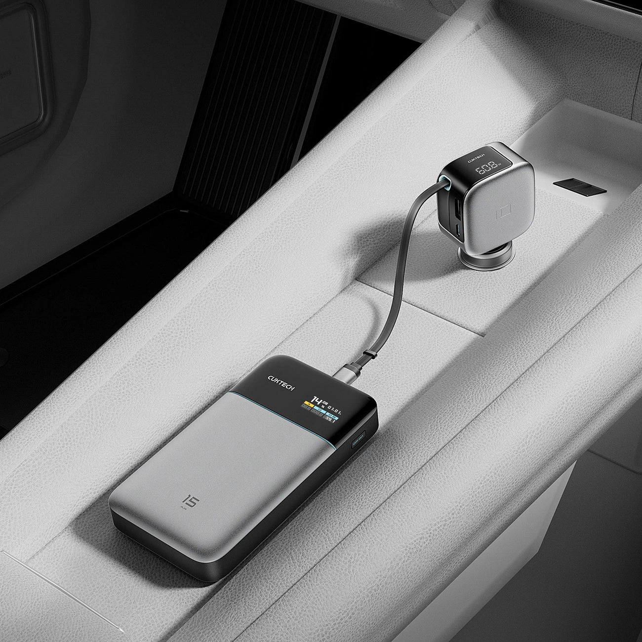 Biloplader med USB-C-kabel Cuktech CC903P Display, 100W, 5A, 1 x USB-A - 1 x USB-C, Grå