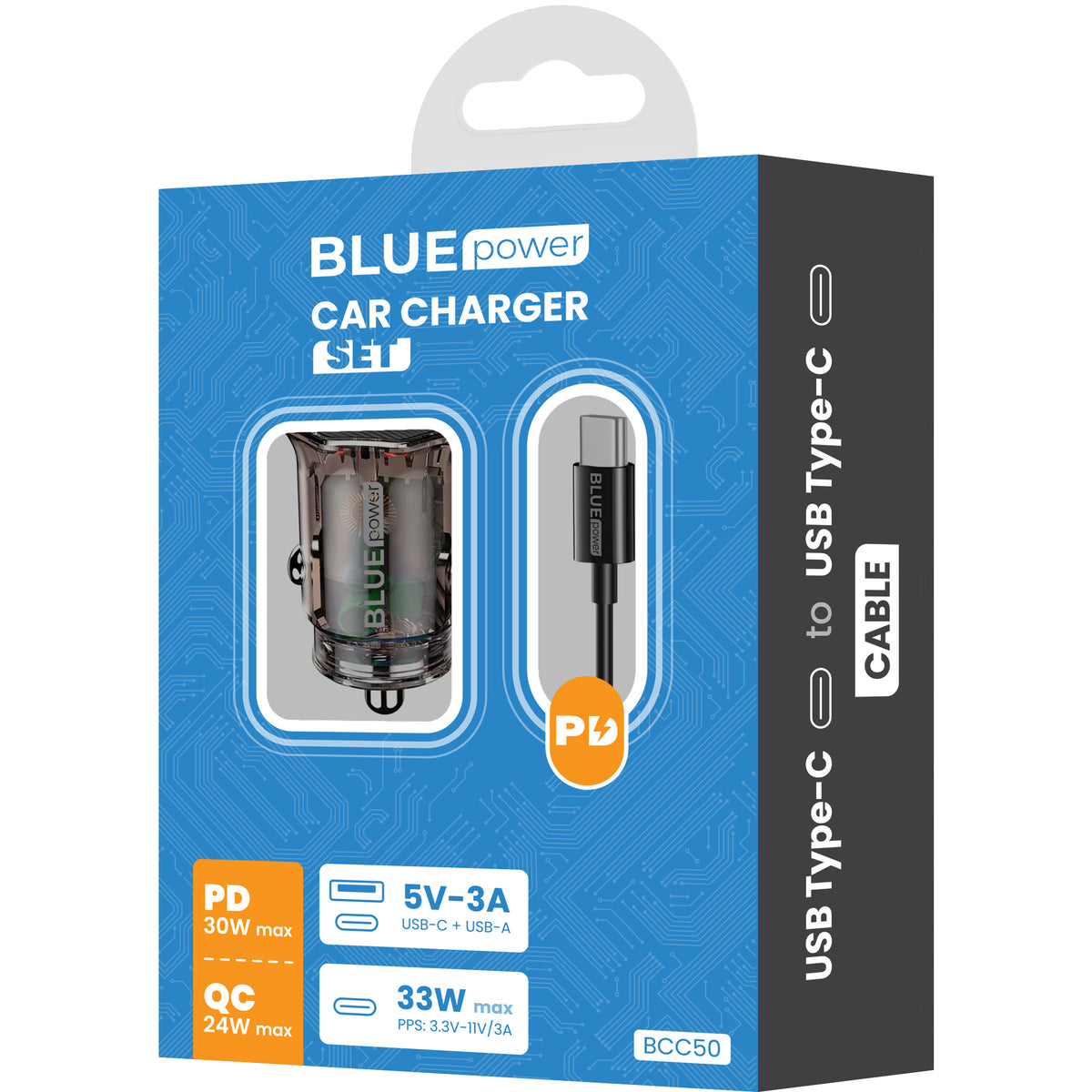 Biloplader med USB-C kabel BLUE Power BCC50, 33W, 3A, 1 x USB-A - 1 x USB-C, Sort