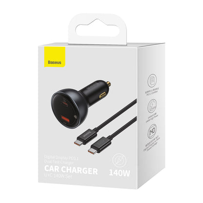Biloplader med USB-C kabel fra Baseus, 140W, 5A, 1 x USB-A - 1 x USB-C, Sort CGZX070001