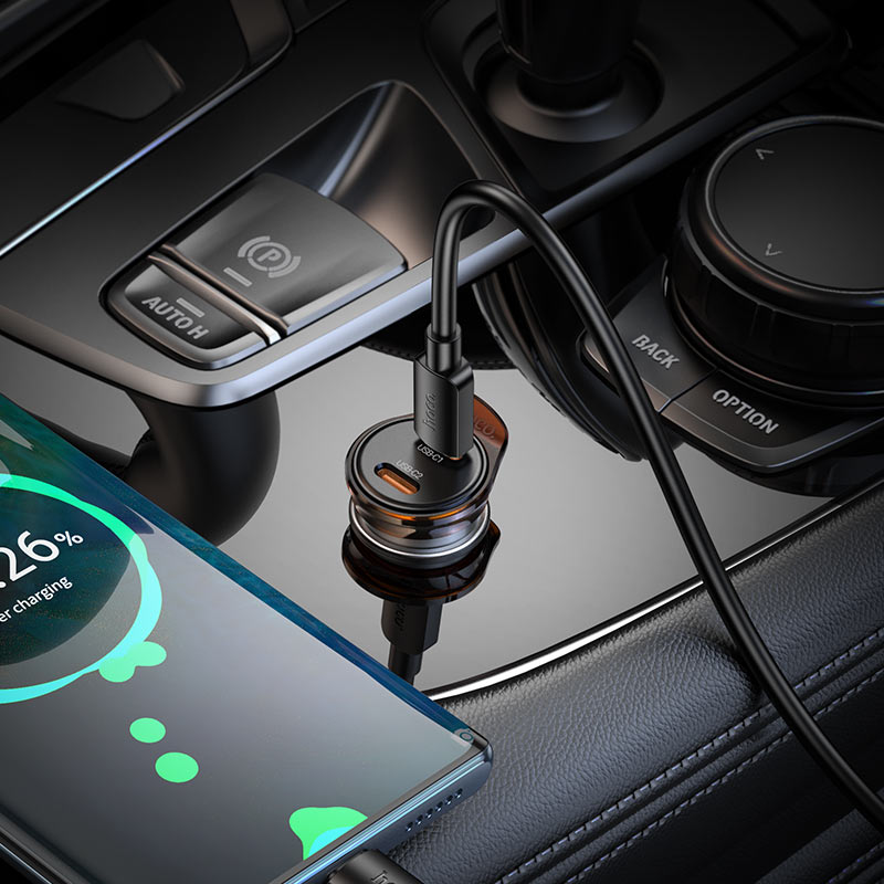 Biloplader med Lightning-kabel HOCO NZ16B, 45W, 3A, 2 x USB-C, Grå