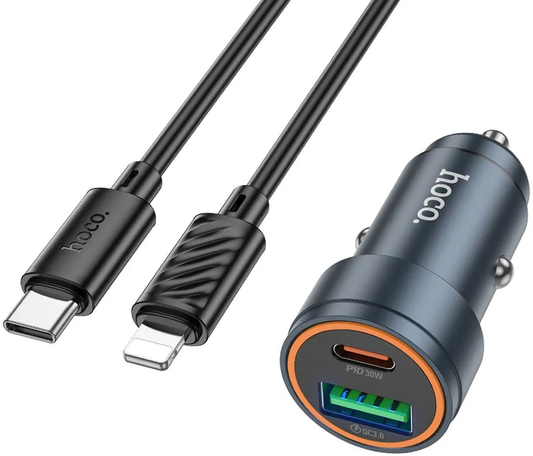 Biloplader med Lightning-kabel HOCO Z57A, 30W, 3A, 1 x USB-A - 1 x USB-C, Grå