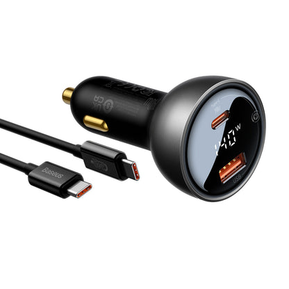 Biloplader med USB-C kabel fra Baseus, 140W, 5A, 1 x USB-A - 1 x USB-C, Sort CGZX070001